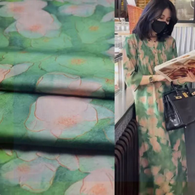 Elegante tessuto in Chiffon di alta qualità con stampa floreale verde, abito Cheongsam tessuto per cucire fatto a mano in tessuto Han non