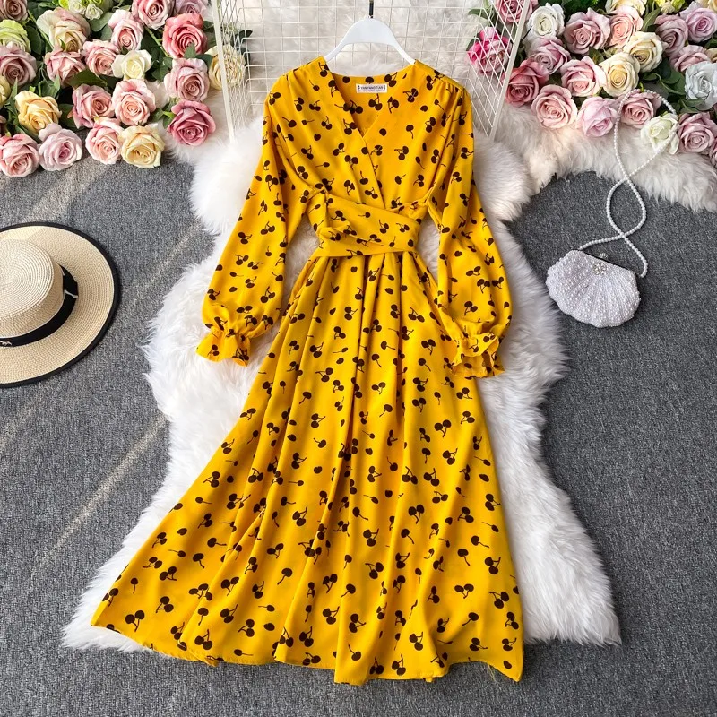 Lusumily Long Dress Women Causal Holiday Dress Long Sleeve Love Heart Print V Neck Beach Dresses Female Boho Chiffon Sundress