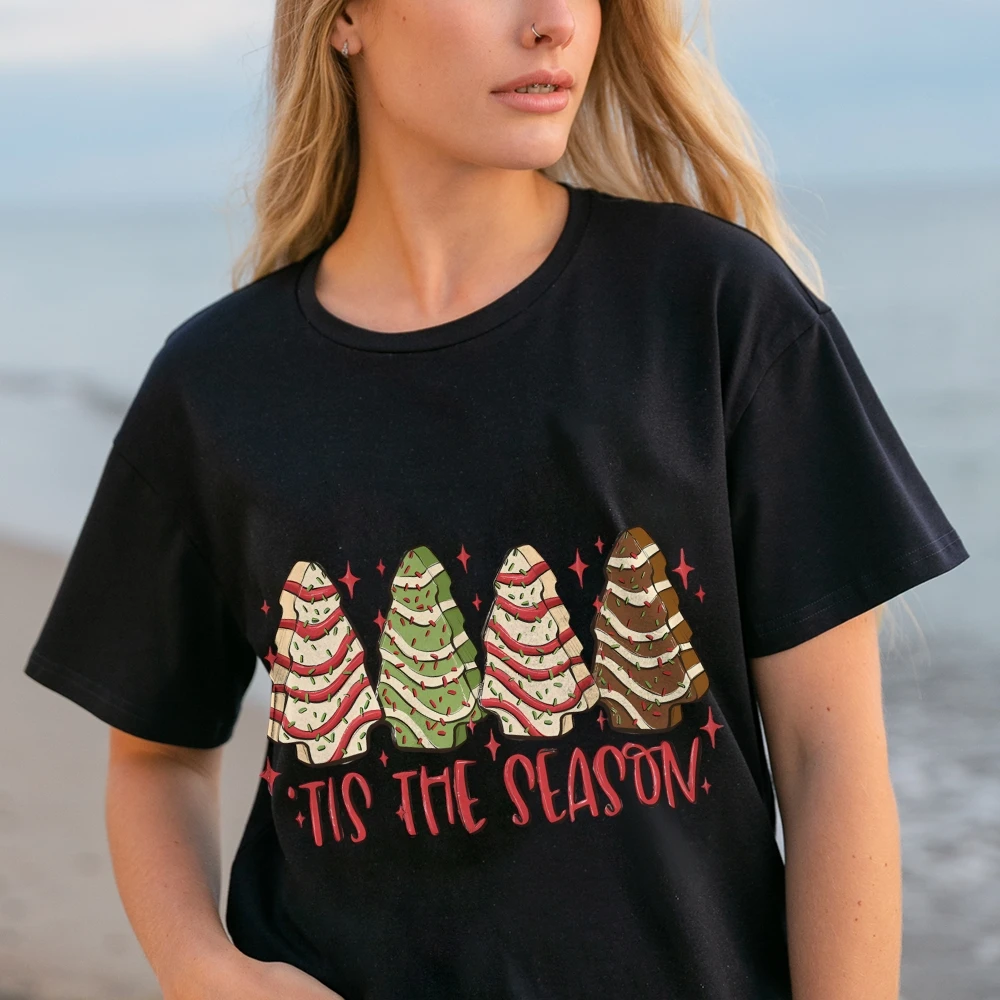 Christmas T-Shirts For Women Xmas Tis The Season Sweatshirt Christmas Cake Tree Shirt Holiday Apparel Women’s Clothing Top Tees