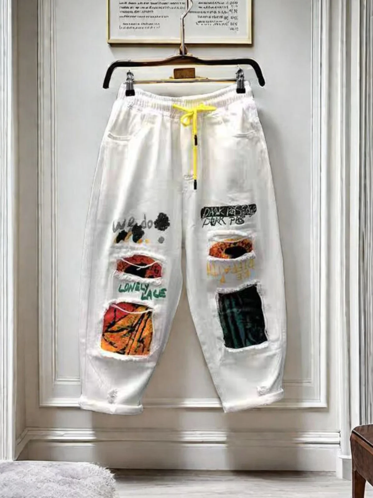 

High Waist Elastic Women's Denim Jeans White Patchwork Spring Summer Loose Harlan Pants Casual Eighteen Cotton Stretch Denim