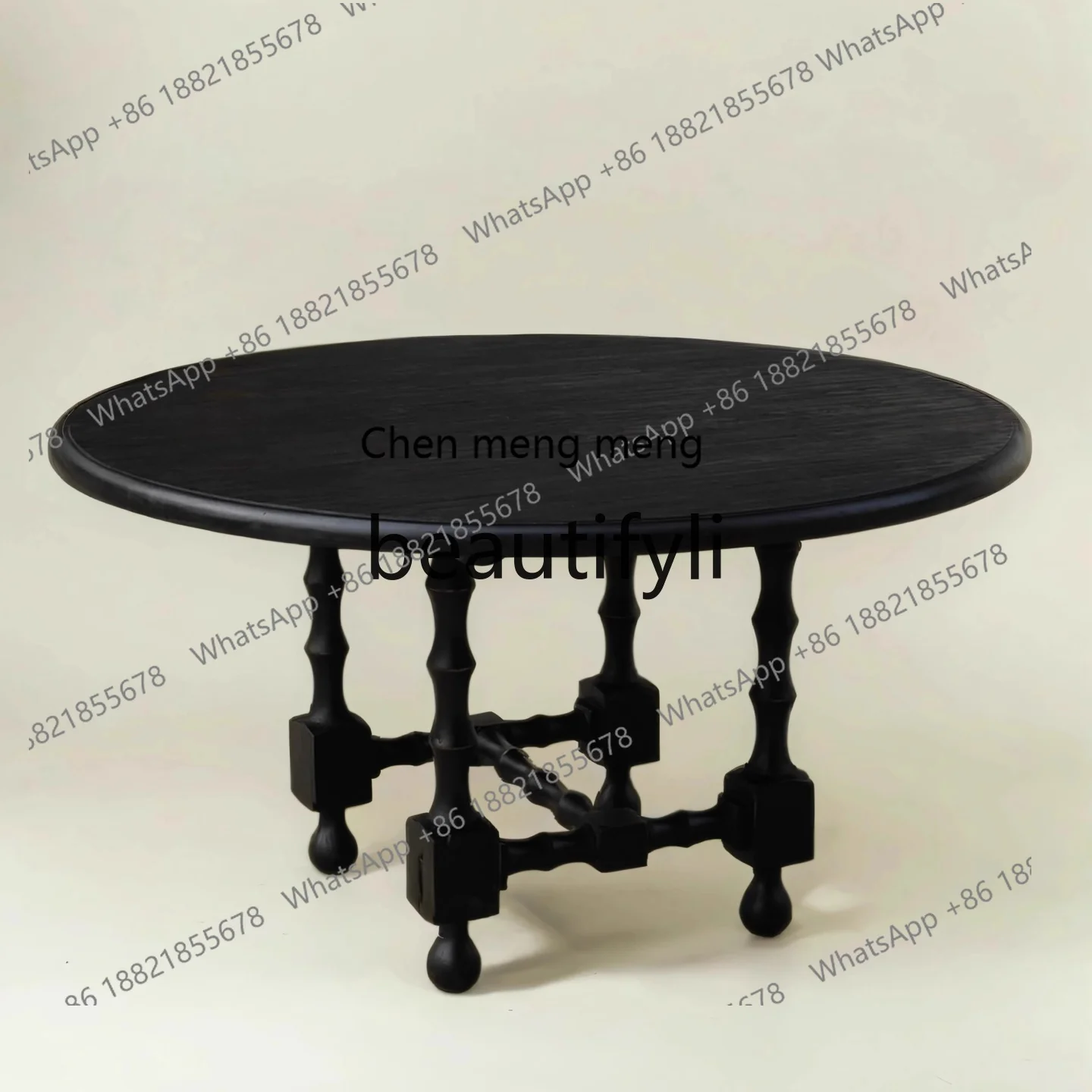 

X Vintage Solid Wood Carved Dining Table with Bamboo Legs Round Table for Home Small Apartment