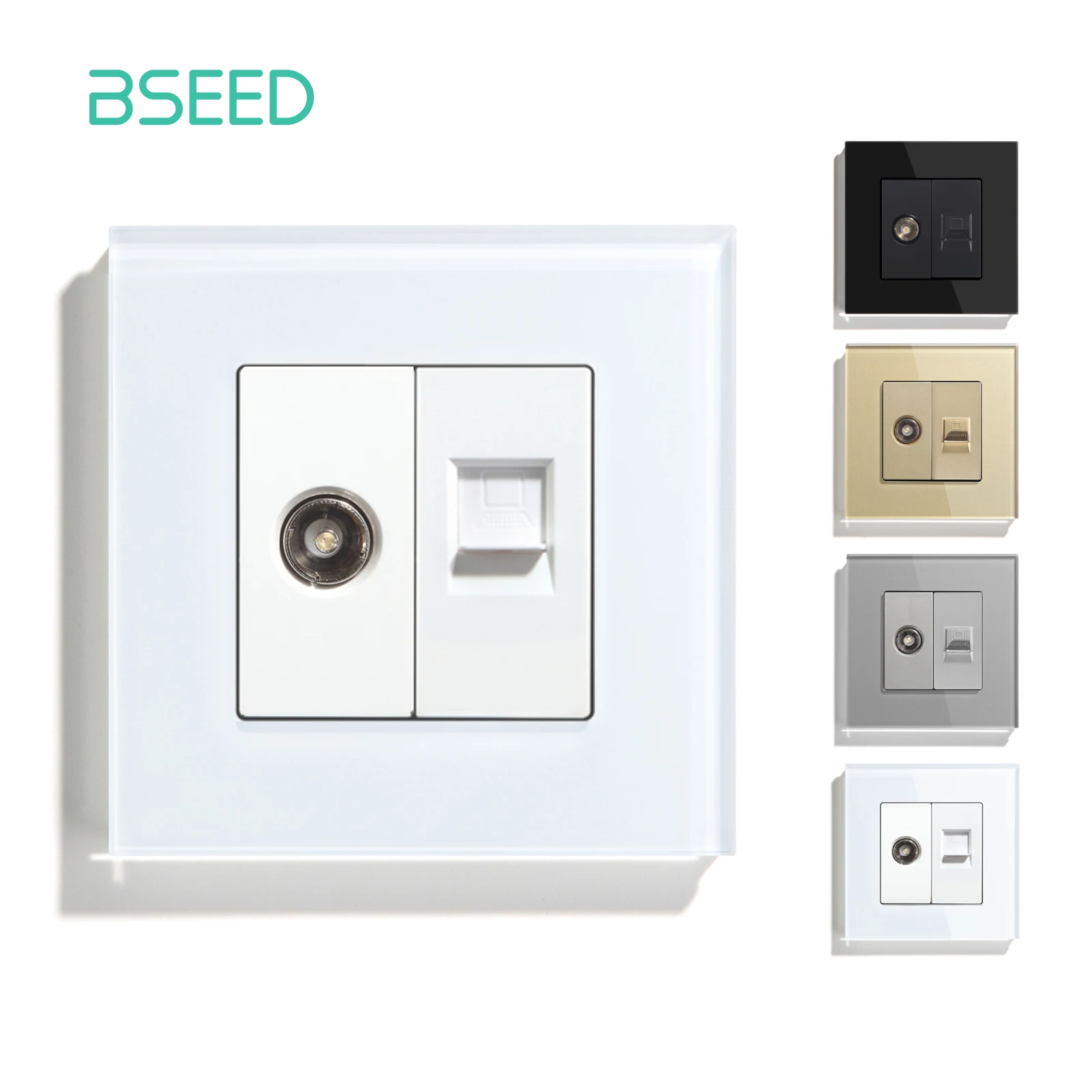 BSEED-مقبس حائط تلفزيون ، CAT5 ، الإنترنت ، لوحة زجاجية مقسّى ، أبيض ، أسود ، ذهبي