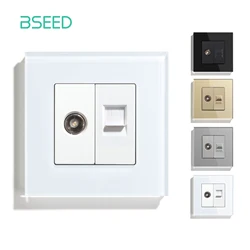 BSEED TV Wall Power Socket CAT5 Internet Wall Socket Outlets Tempered Glass Panel White Black Gold