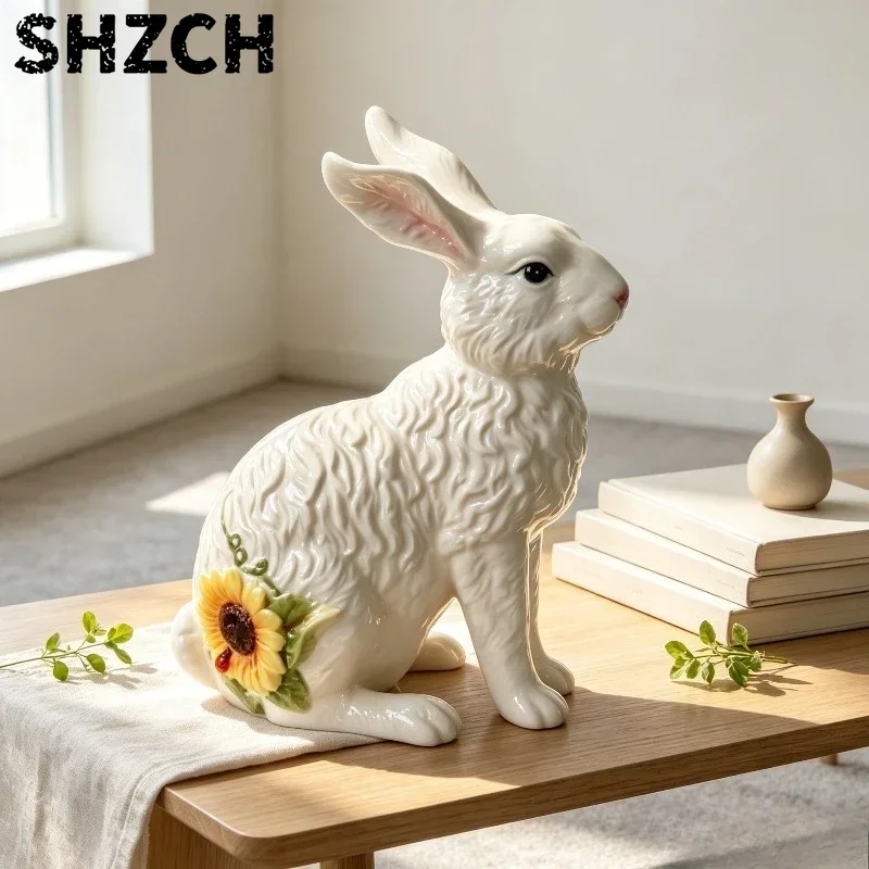 Easter Sunflower Bunny Ceramic Figurine, Cute Rabbit Ornament Home Decor Gift for Spring, Pretty Holiday Centerpiece Box.