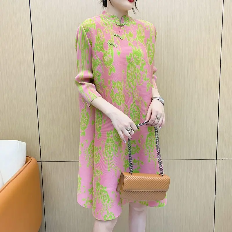 New fashionable loose elastic pleated dress for women's mothers, spring/summer belly covering and slimming pleated skirt