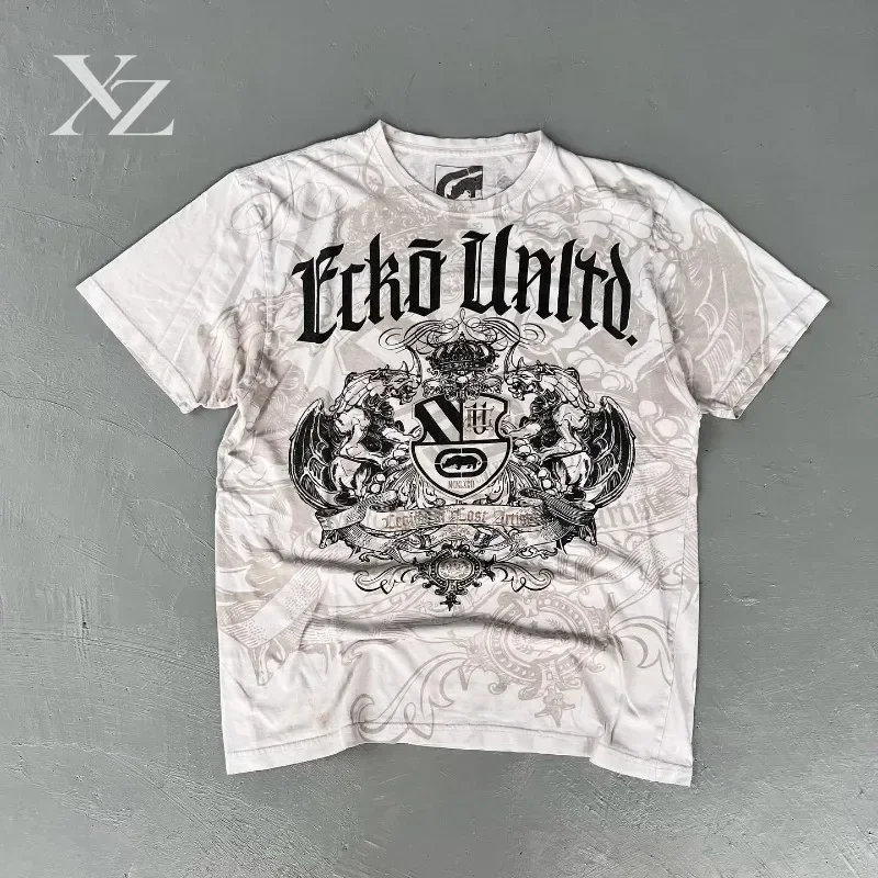 2000s Ecko Gothic Wing Crown Rhino Graphic Tee Inspired Streetwear Oversized Cotton Shirt Gray Cloud Texture Hiphop Unisx Top