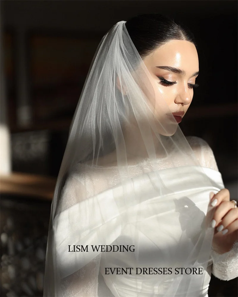 LISM Soft Satin Mermaid Wedding Dresses Lace Long Sleeves Scoop Neck Bridal Gowns Simple Sheath Robe de mariage With Veil