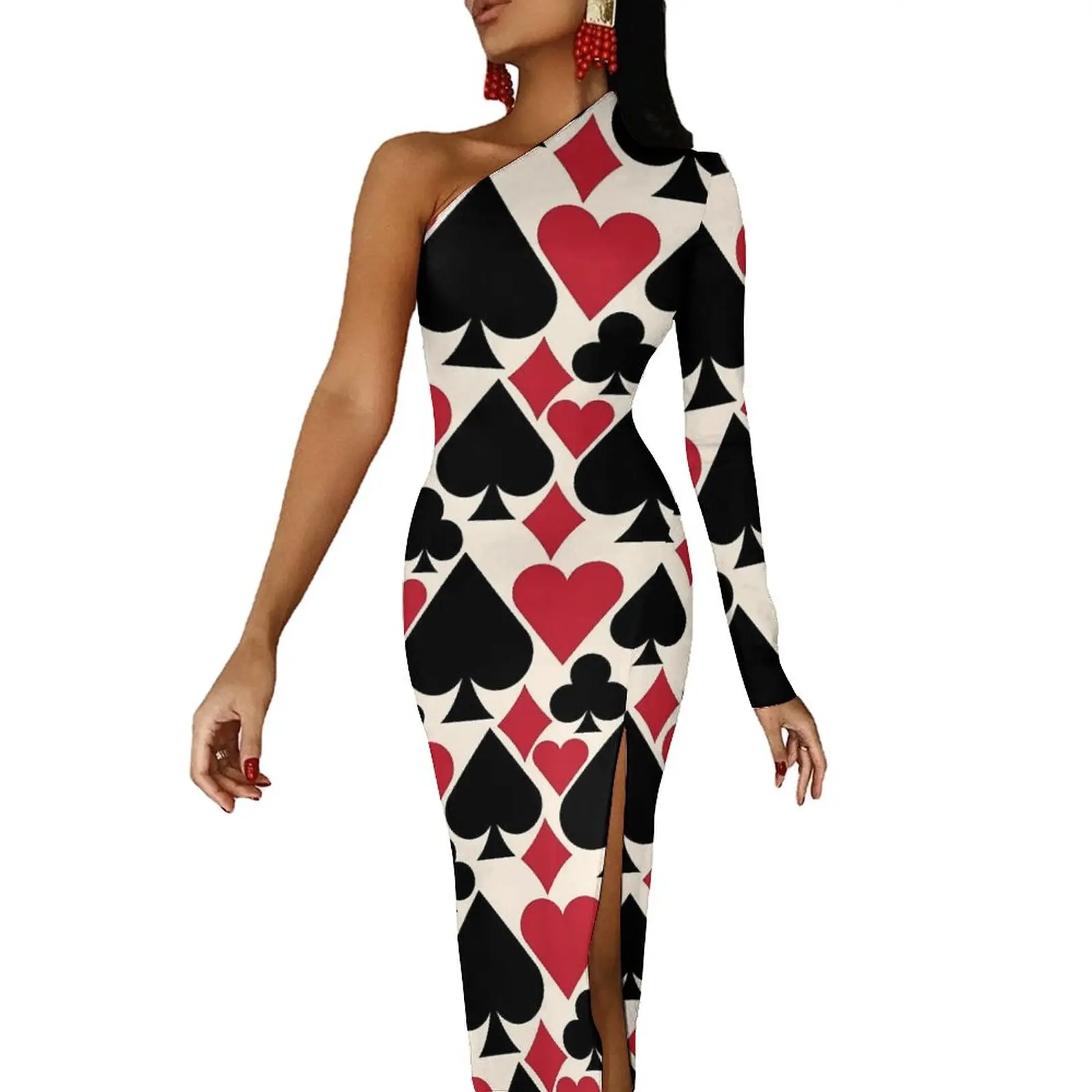 Poker Cards Long Dress Women Casino Fun Streetwear Maxi Dress Autumn Sexy Bodycon Dresses Side Split Design Clothes