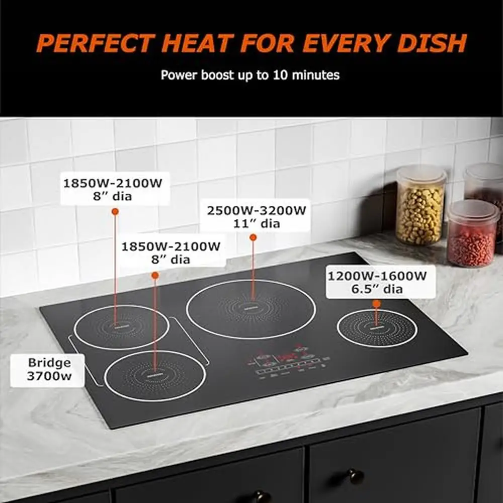 30" Induction Cooktop 4 Burner Electric Stove Melt Keep Warm Simmer Modes Bridge Functionality Booster Safety Child Lock Timer