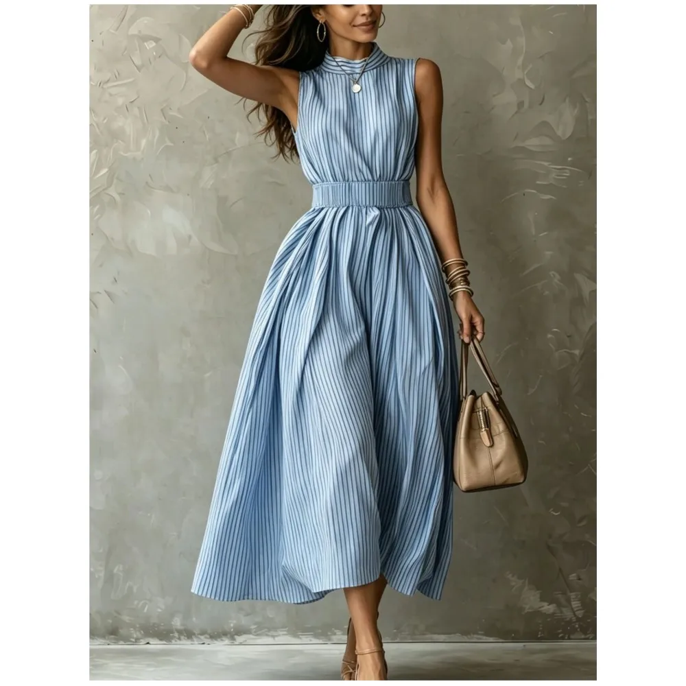 Fashion Half Turtle Collar Sleeveless Striped Elegant Women's Dress Summer New Female Waist Swing Vacation Dresses 2026