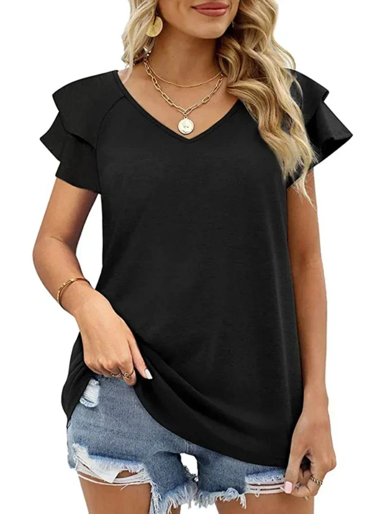 Camisetas de manga corta con cuello en V y volantes para mujer, tops sueltos informales para el verano