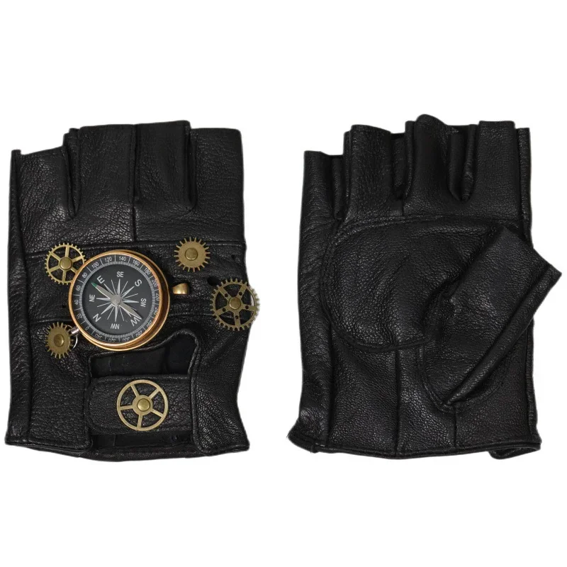 Steampunk PU Leather Fingerless Compass Gloves Men Women Fashion Hip Hop Punk Gloves Half Finger Gloves