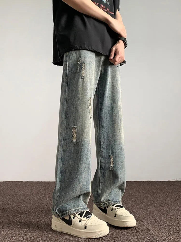 

Retro Hole Denim Jeans Men Summer Thin Loose Wide Leg Straight Micro Flared Pants American High Street Trousers
