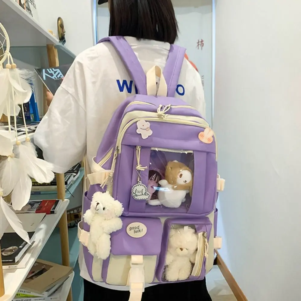 5Pcs/set Kawaii School Backpack Schoolbag Waterproof Lightweight Book Bags Plush Bear Large Capacity School Bags Boys