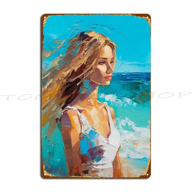 Woman On The Beach Sunset  Rising Out Of The Golden Sea Metal Signs Wall Cave Wall Decor Mural Party Customize  Tin Sign Poster