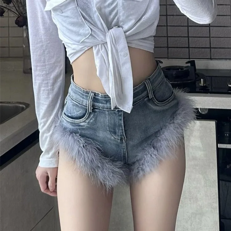 American Sexy Feather Patchwork Jeansfor Women Y2k E-Girl High Waist Bodycon Denim Shorts 2024 Spring New Blue Ropa Mujer