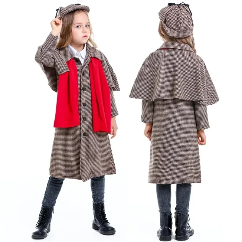 Detective Cosplay Costume Boy Girl British Style Checkered High Collar Coat for Men & Women Halloween Outfit Game Uniform