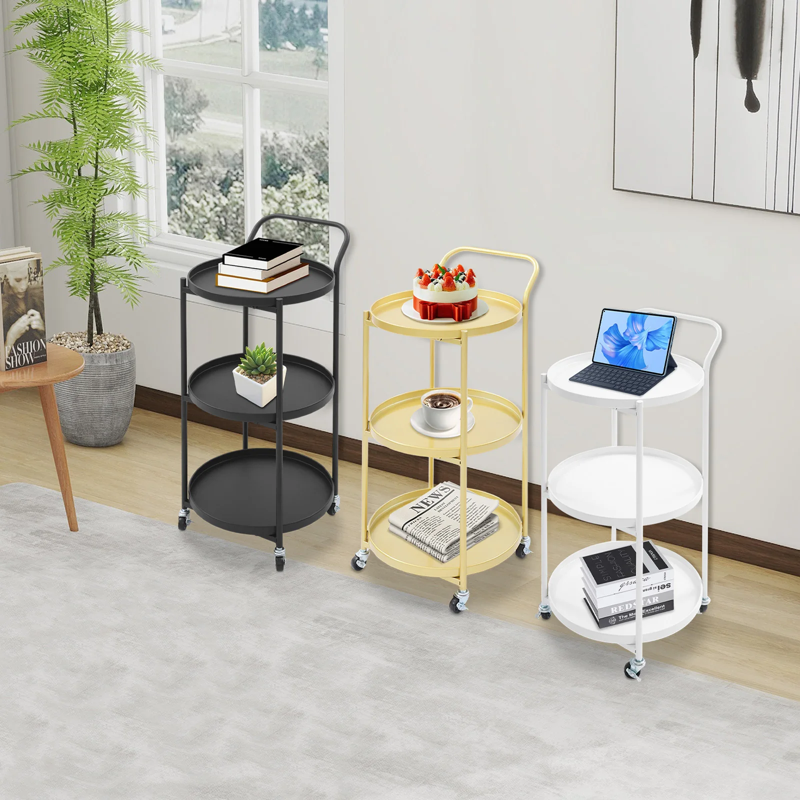 عربة تقديم بإطار معدني مستدير من 3 طبقات باللون الذهبي/الأسود/الأبيض للمطبخ، وغرفة الطعام، وعربة البار الدوارة، وعربة تخزين متنقلة