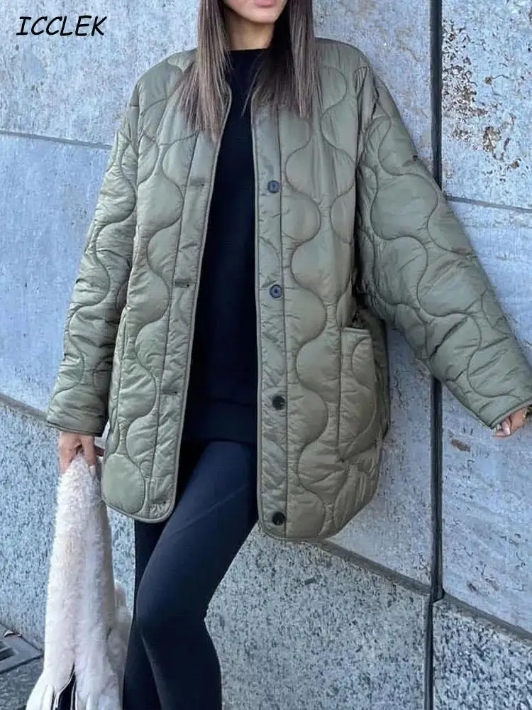 Women\'s jacket 2022 Winter Woman Solid Parkas Warm Quilted Cotton Jacket Patch Pockets Round Neck Casual Loose Ladies Coat Mujer