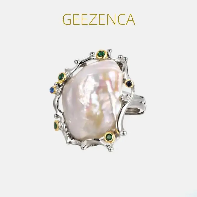 

GEEZENCA Irregular Baroque Pearl 925 Sterling Silver Chunky Rings Large Adjustable Statement Ring Clearance Limited Stock