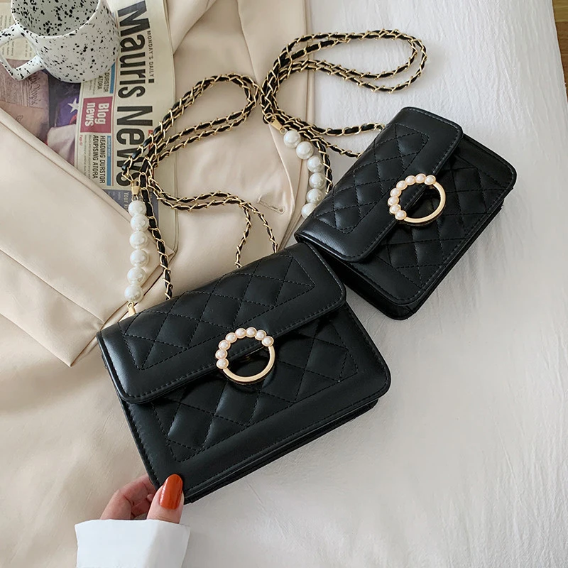 Brand Design Vintage Women Small Shoulder Bag Crossbody Bag Purse Girl Blue Black White Clutch Case Fashion Pearl Chain Bag