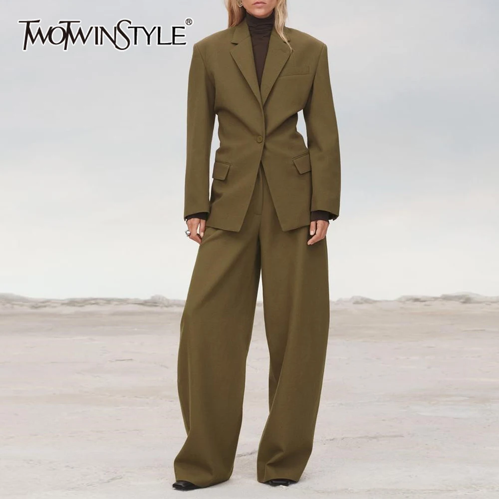 

TWOTWINSTYLE Two Piece Set For Women Notched Collar Long Sleeve Spliced Button Coat High Waist Pant Fashion Set Female Fashion