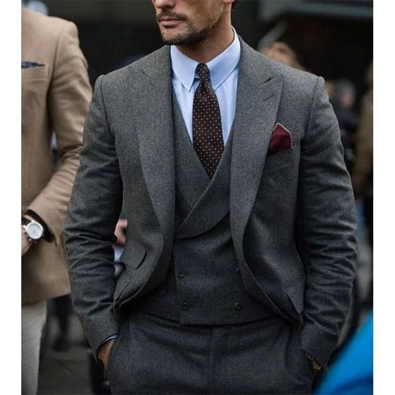 Dark Gray 3-Piece Men's Business Suit Set Classic Herringbone Pattern Wool Groom Tweed Tuxedo for Wedding Daily Male Outfits