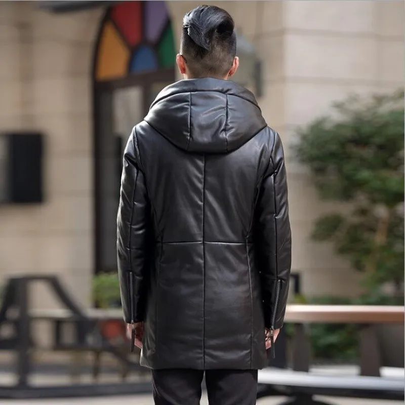 Winter New Brand Men\'s Korean Plus Size Coats Male Long Leather Jacket Men Warm Hooded White Duck Down Outwear Fashion Jackets