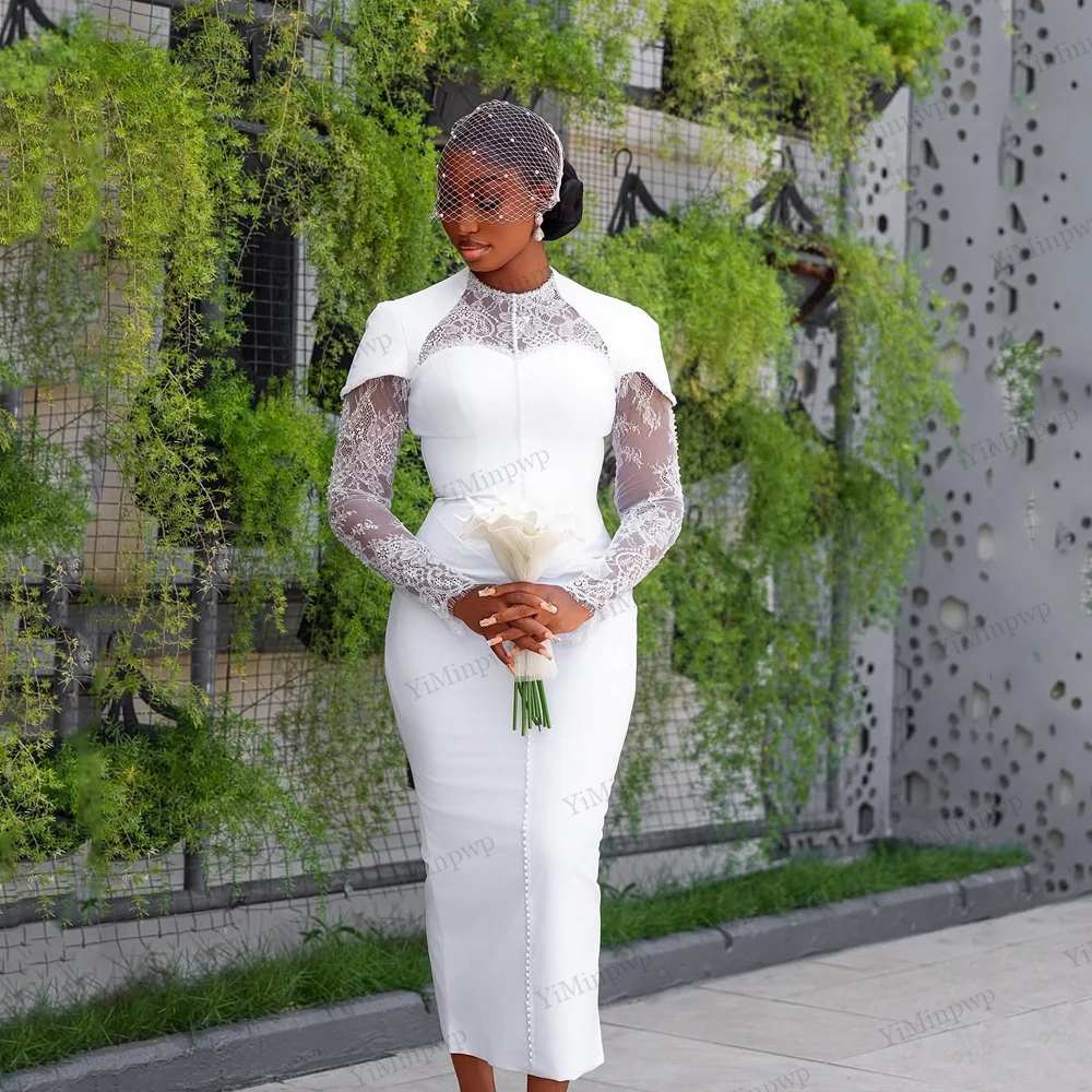 Aso Ebi Nigeria Civil White Wedding Dresses for Bride 2026 O Neck Long Sleeve Lace Tea Length Bridal Reception Dress Customized