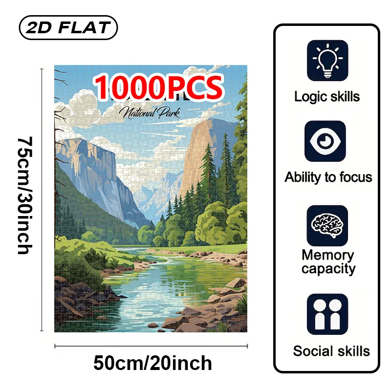 1000pcs Yosemite National Park Puzzle - Large 20x30 Inch Jigsaw with Half-Circle Peaks, Bridal Veil Waterfall Design - Vibrant