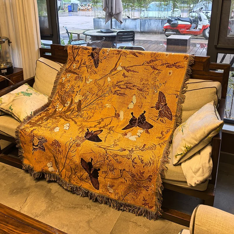 

Винтажный плед с бабочками и бахромой, тканый, в стиле бохо, с ботаническим узором, для дивана, кровати, эстетичный декор для дома