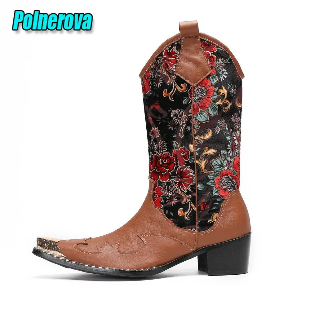 

Brown Genuine Leather Western Cowboy Boots for Men Trendy Embroidered Metal Pointy Toe Slip-On Chelsea Boots Comfort Dress Shoes