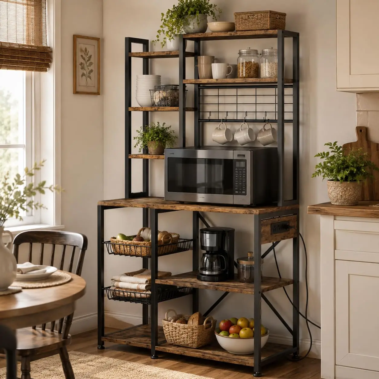 Bakers Rack with Power Outlets, 7-Tier Microwave Stand with 2 Wire Basket, 35.4 in Industrial Coffee Bar Station, Kitchen Large