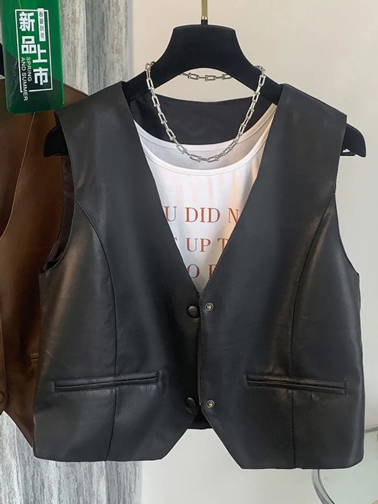 Women's PU Leather Vest Short Sleeveless V-Neck Spring Fashion Layering Top Commute Style Loose Fit Thin Material