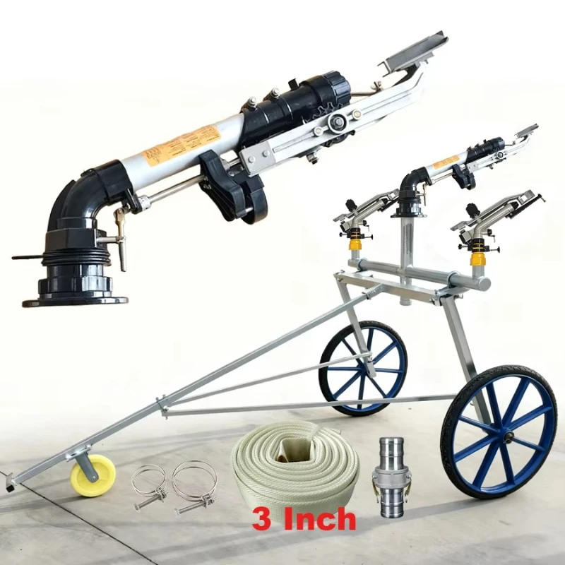 360-Degree gear-driven water spray system with a wheeled tripod, used for agricultural irrigation and dust removal