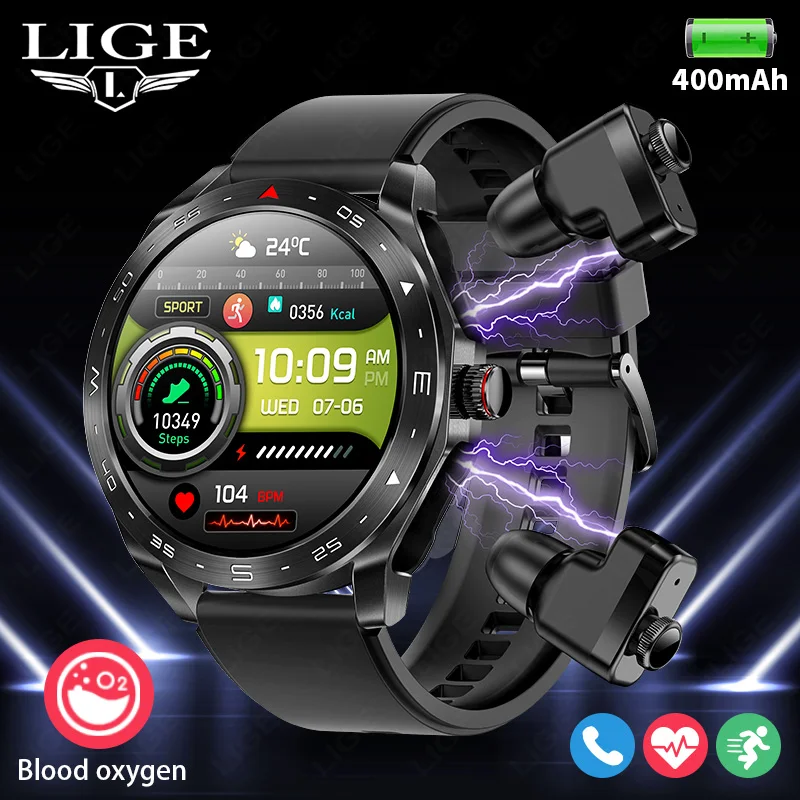 LIGE Smart Watch For Men Smartwatch 2 in 1 With Earbuds listen Music SmartWatch Heart Rate Monitor Sports fitness Men's Watches