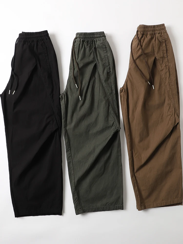 

Свободные широкие брюки Street Sle, мужские повседневные брюки из чистого хлопка, длинные брюки цвета хаки со сложенными манжетами, модная молодежная одежда