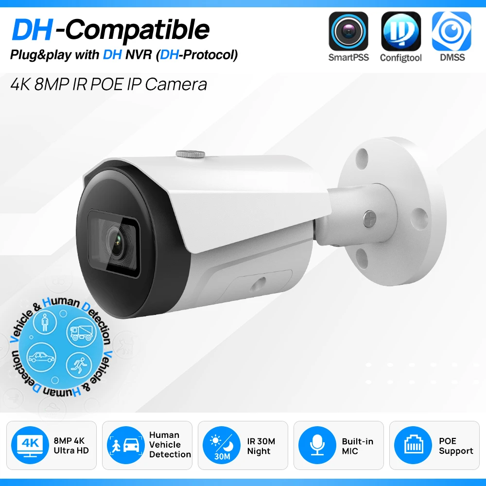 

8MP Bullet IP Camera 4MP Security PoE IR Built in MIC SD Card Slot Video Surveillance