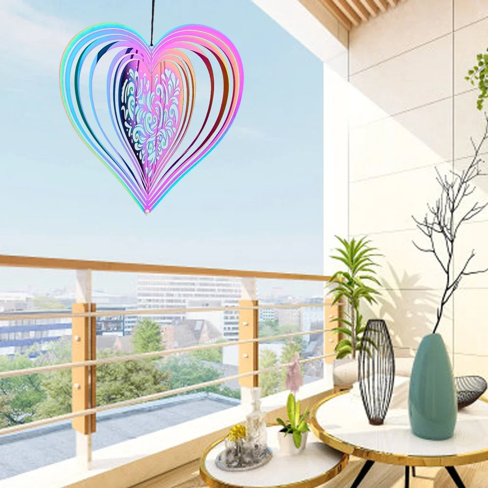 Rainbow Color Love Flower Rotating Wind Chime Stainless Steel Mirror Refraction Art Hanging Wind Spinner Home Balcony Decor