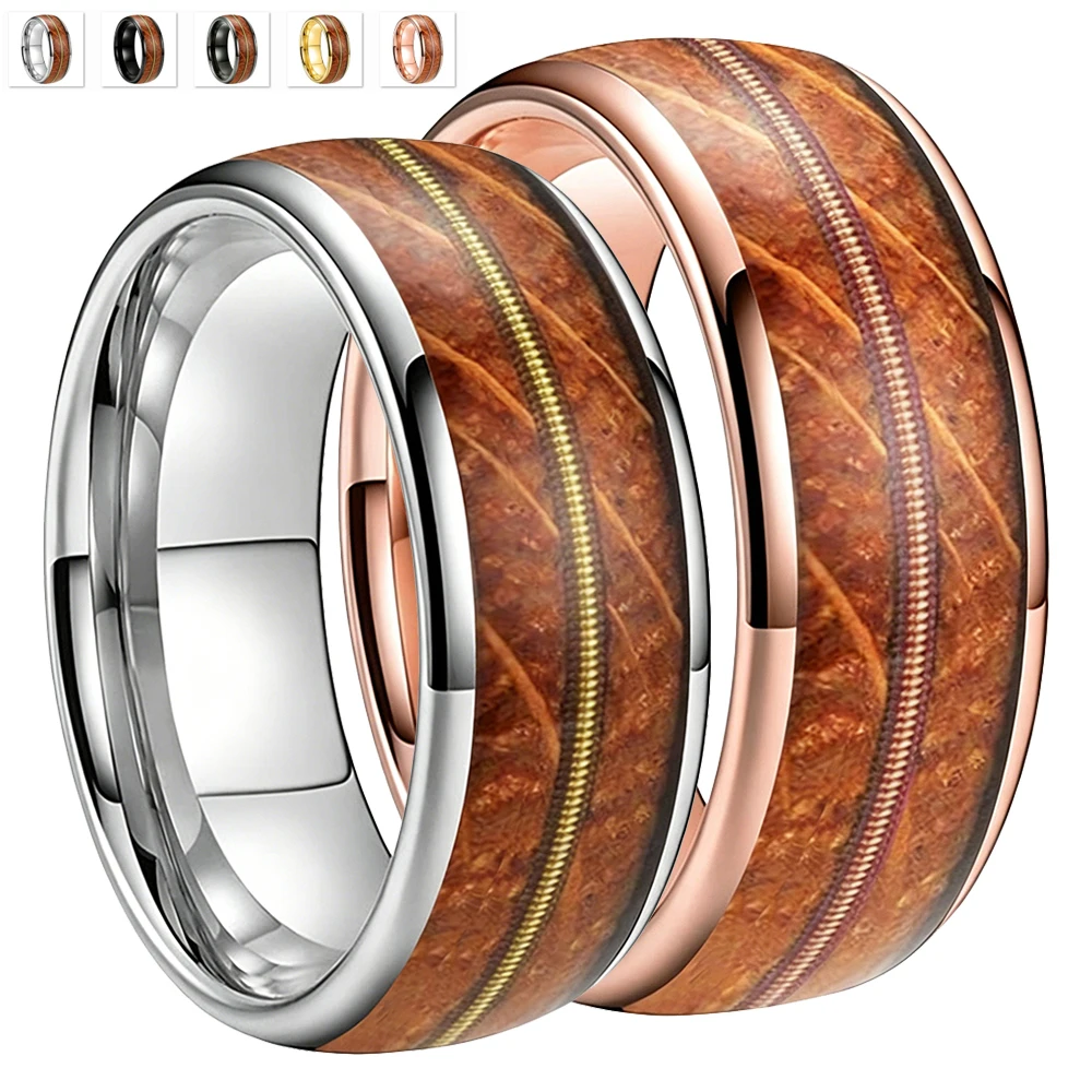 8mm Men's Tungsten Carbide Wedding Band Premium Grade Whiskey Barrel Wood with Gold Guitar String Inlay Ring for  Anniversary