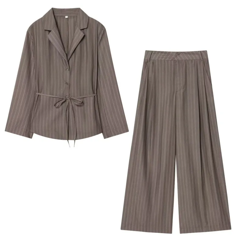 Women High Waist Pant Set Two Piece Blazer with Shoulder Pads and Belt Double Pleat Trousers with Flaps 2 Piece Set Women Outfit