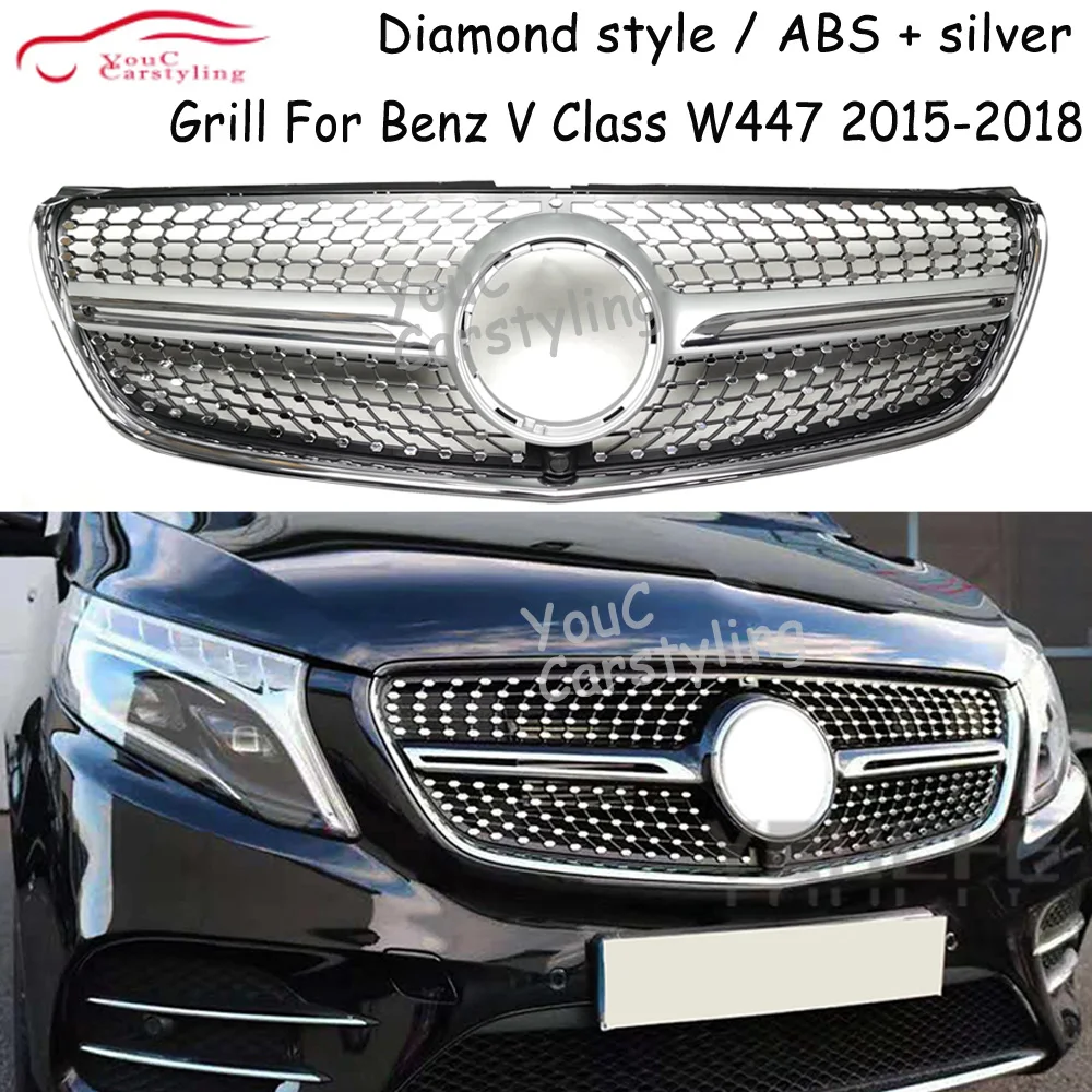 V260 W447 Diamond Front Bumper Grille for Mercedes V Class V250 V220 2015 2016 2017 2018 Grill With Camera +Silver
