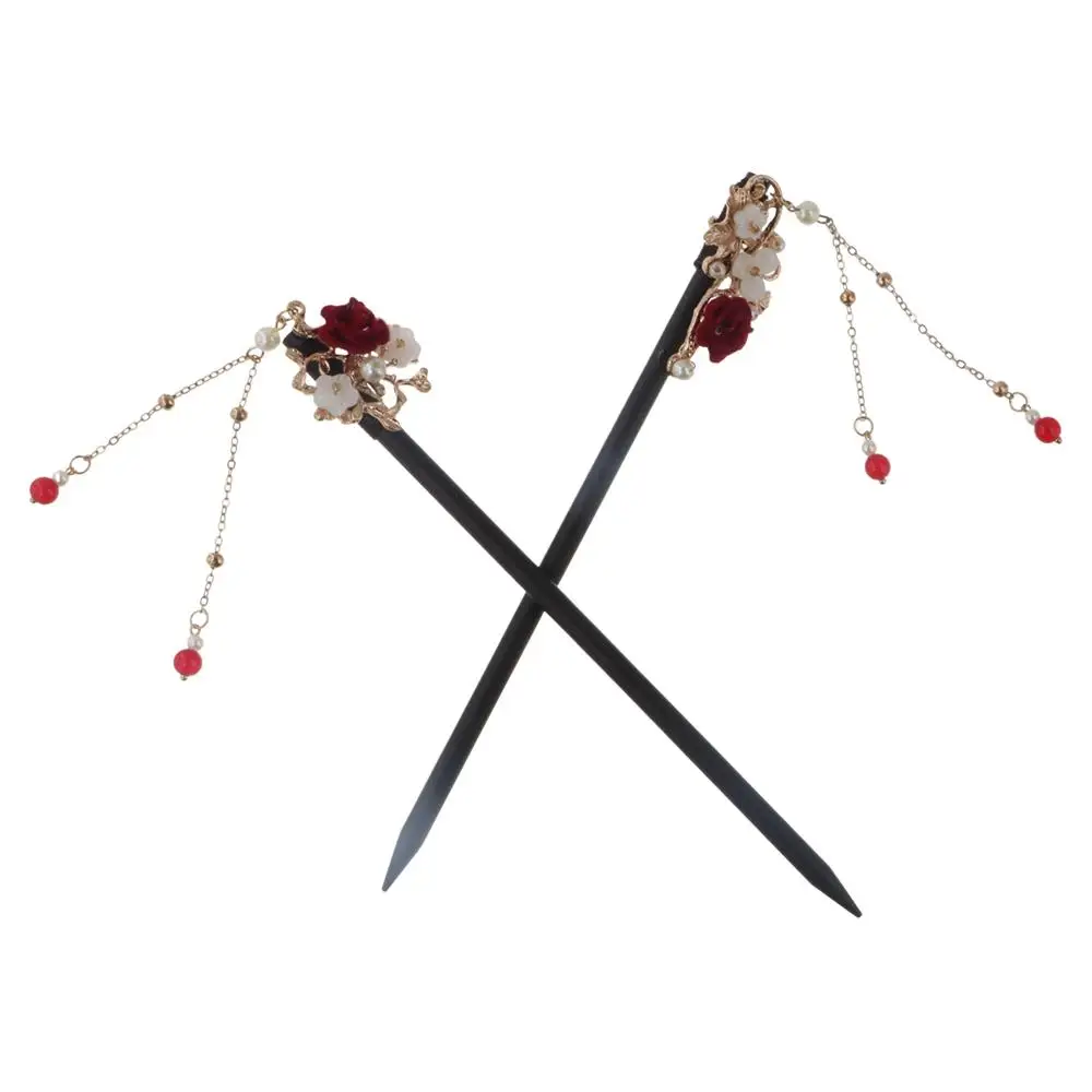 Ancient Headwear Red Rose Wood Cheongsam Tassel Chinese Style Headwear Hanfu Hair Sticks Wooden Hairpin Ancient Style Hairpin