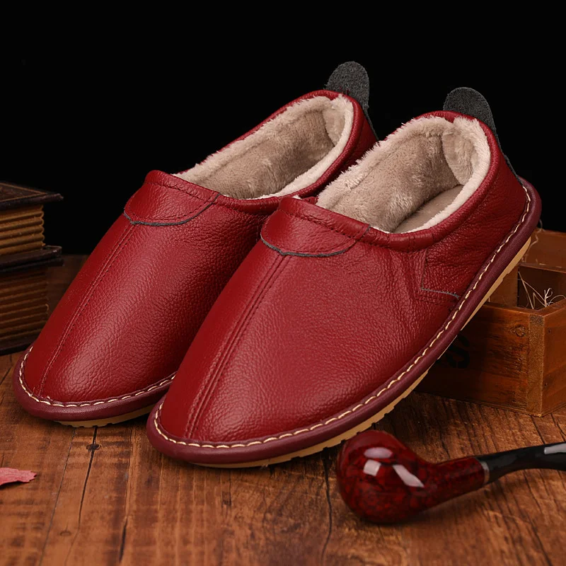 Genuine Leather Couple\'s Winter Home Slippers Warm Soft Anti-Skip House Casual Shoes Men and Women Indoor Slippers