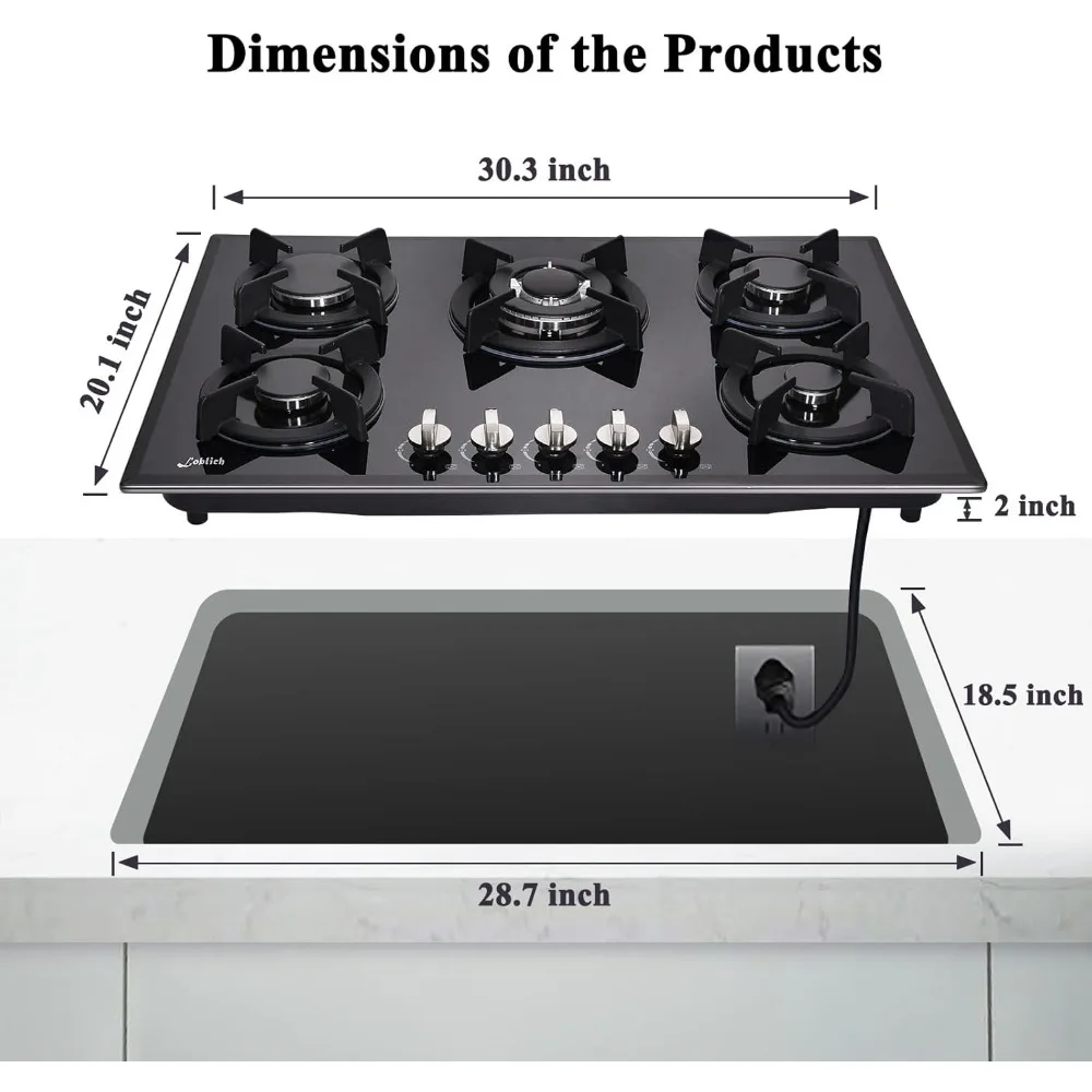 Plaque de cuisson à gaz avec grilles en fonte, plaque de cuisson en verre du Guatemala, gaz intégré, 5 brûleurs, 30 po
