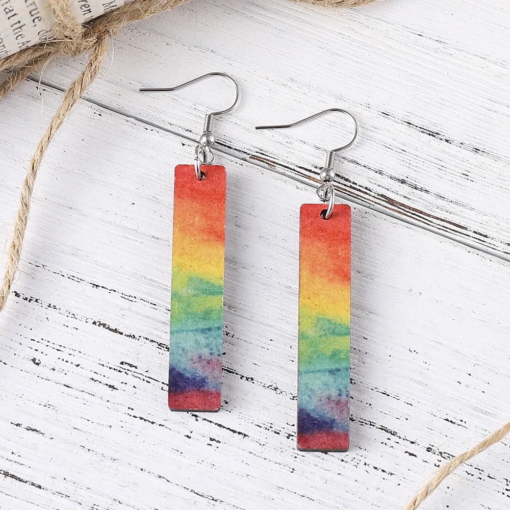 European and American new rainbow gradual change oil painting earrings geometric strip earrings double-sided wooden