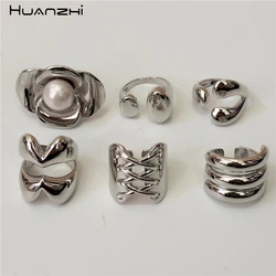 HUANZHI Punk Metal Liquid Silver Color Ring Irregular Geometric Chunky Y2K Hiphop Party Vintage Jewelry for Women 2024 New