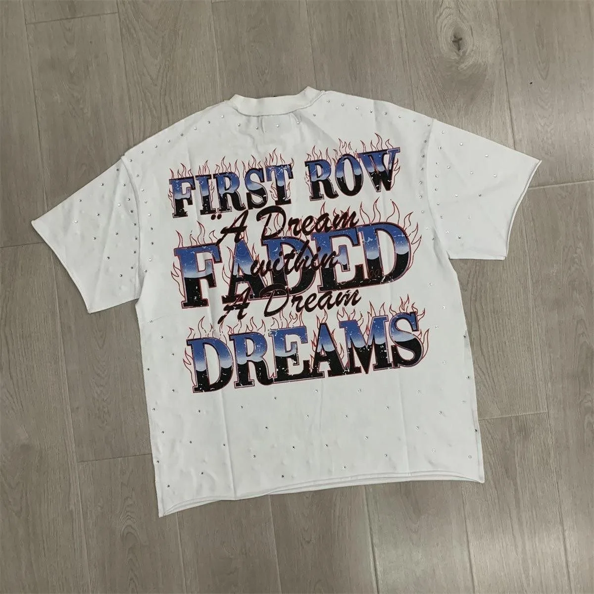 First Row Retro American Direct Injection Printed Beaded Short-Sleeved T-Shirt - Retro Weathered Loose-Fitting Top
