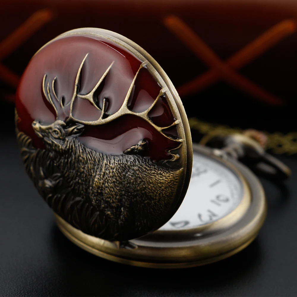 Vintage Reindeer 3D Embossed Quartz Pocket Watch Vintage Gentleman Style Series Necklace Pendant Clock Commemorative Gift