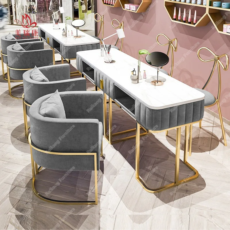 Luxury Tufted Pink Beauty Double Professional Nail Tech Salon Furniture Desk Manicure Nail Tables and Chair Set